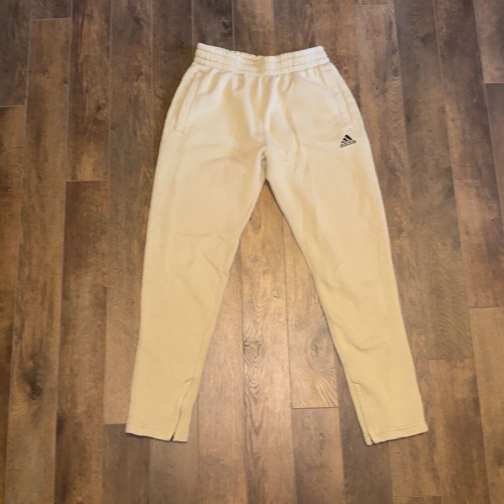 Adidas Pants Mens M Beige Fleece Sweatpants Warm Sandstone Zipper Cuffs